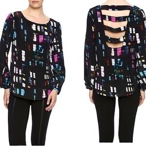 Amanda Uprichard Valerie Silk Black Geometric  Long Sleeve Blouse​​